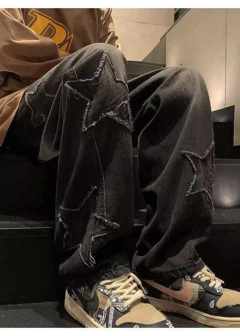 American High Street Style Men's Jeans Autumn Winter Straight Leg Loose Floor-Length Wide Leg Pants Casual Fashion