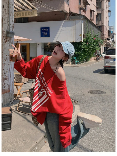 T-Shirts Women Off-shoulder Loose Fit Lazy Style All-match Young Students High Street Korean Fashion Spring Daily Tops Trendy