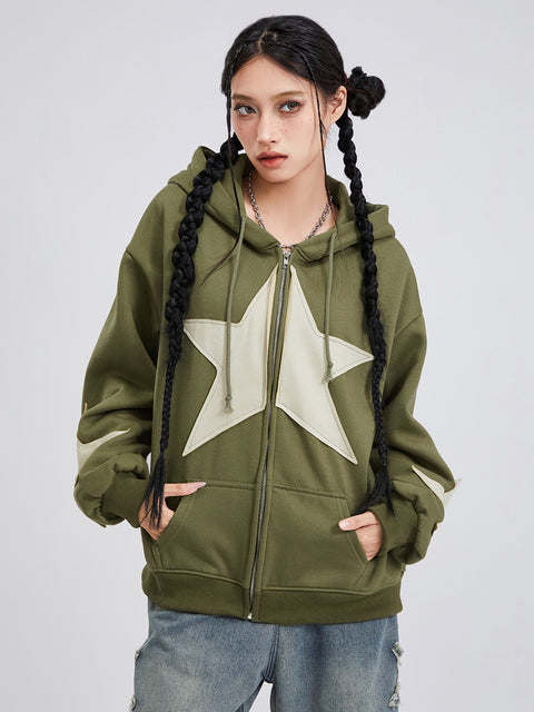 Winter Casual Hooded Coat Women Long Sleeve Star Print Zip Up Drawstring Hoodie Gothic Loose Outwear