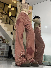 Women Jeans Pants 2025 Summer Y2K Girl Pants Women Loose Straight Elastic Waist Wide Leg Spliced Women Trousers Casual Soft Pant