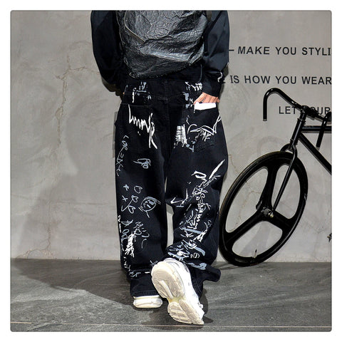 American Hip Hop Baggy Jeans Mens Clothing Streetwear Paint Graffiti Black Skateboard Street Dance Pants Kpop Denim Trousers