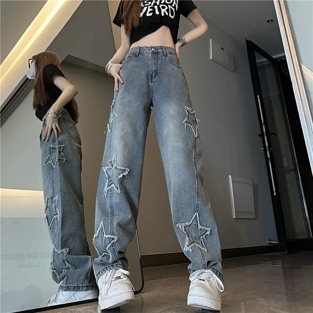 Blue Embroidered Jeans Women, Spring and Autumn New Design, Niche Loose Straight Wide-Leg Pants Trend