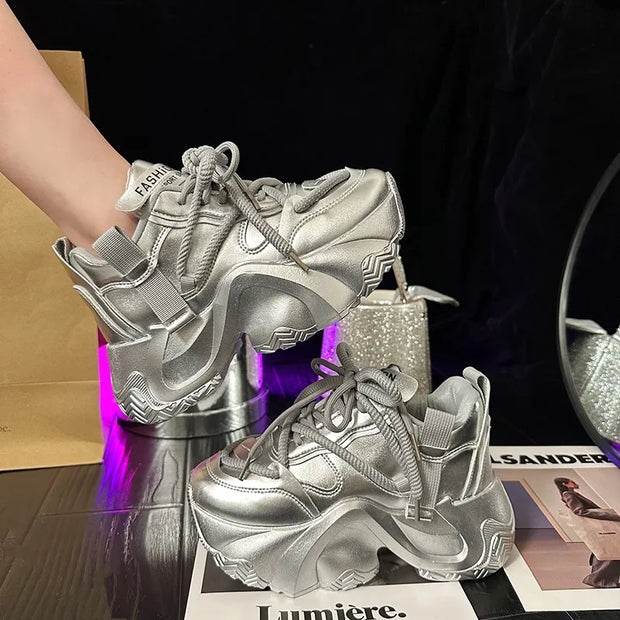 Pink Platform Sneakers Women Thick Sole Korean Chunky Sneakers 2025 Fashion Dad Shoes Woman Spring Height Increasing Sneakers