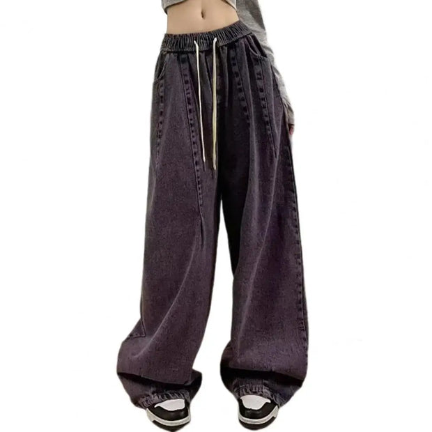 Unisex Denim Jeans Loose Jeans Vintage Wide Leg Denim Jeans with Elastic Waist Crotch Pockets Women's Streetwear Fashion for Hop