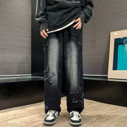 Hip Hop High Street Baggy Denim Trousers 2025 Men Star Embroidery Straight Casual Jeans Male New Fashion Straight Wide Leg Jeans