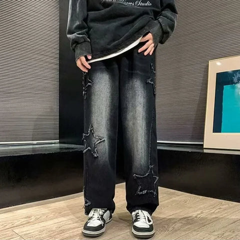 Hip Hop High Street Baggy Denim Trousers 2025 Men Star Embroidery Straight Casual Jeans Male New Fashion Straight Wide Leg Jeans