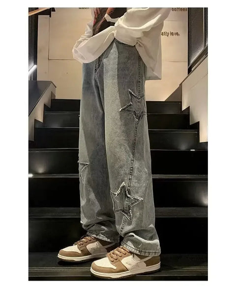 American High Street Style Men's Jeans Autumn Winter Straight Leg Loose Floor-Length Wide Leg Pants Casual Fashion