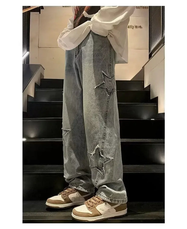 American High Street Style Men's Jeans Autumn Winter Straight Leg Loose Floor-Length Wide Leg Pants Casual Fashion