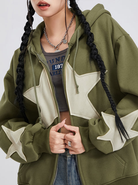 Winter Casual Hooded Coat Women Long Sleeve Star Print Zip Up Drawstring Hoodie Gothic Loose Outwear