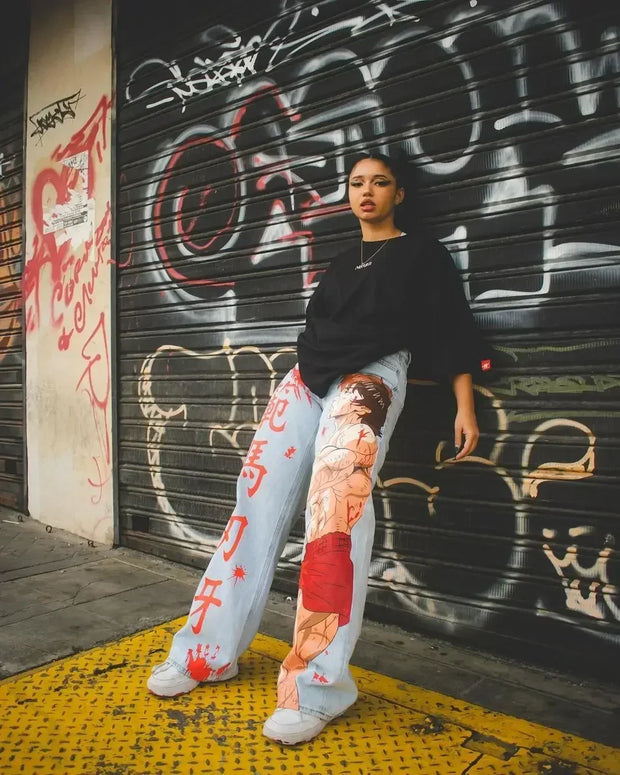 Harajuku Anime Graphic wide leg jeans High Waist Jeans Pants Women new Japanese Style Streetwear Y2K Jeans for Men Wide Trouser