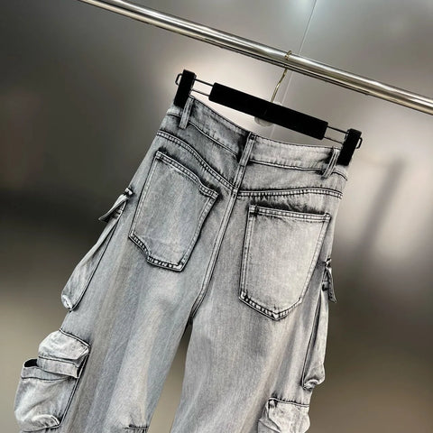 DEAT Fashion Gradient Multiple Pockets Design Jeans Women's Single Button High Waist Denim Pants 2025 Spring Female New 11XX4925