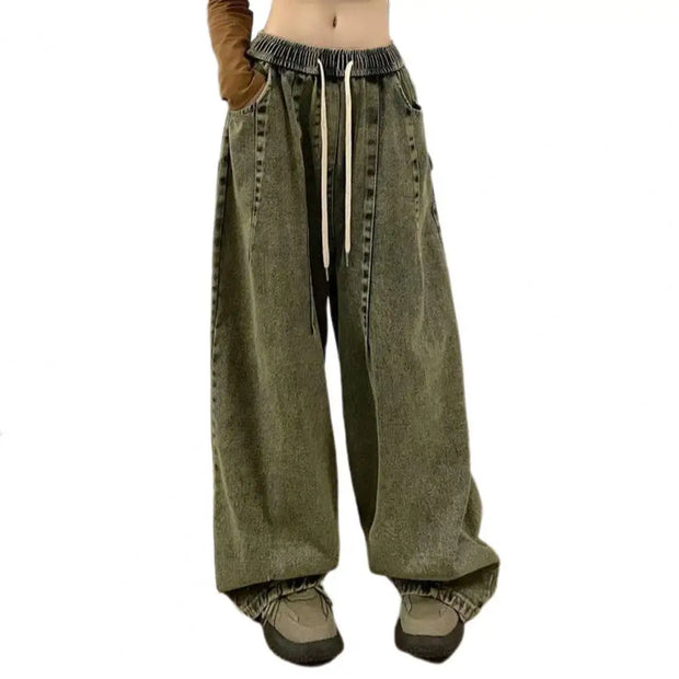 Unisex Denim Jeans Loose Jeans Vintage Wide Leg Denim Jeans with Elastic Waist Crotch Pockets Women's Streetwear Fashion for Hop