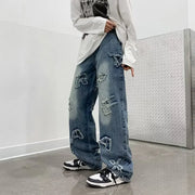 Jeans for Men Patchwork Letter Hip Hop Straight Wide Leg Fashion High Street Y2k Harajuku Do-old Popular Shopper Gradient Baggy