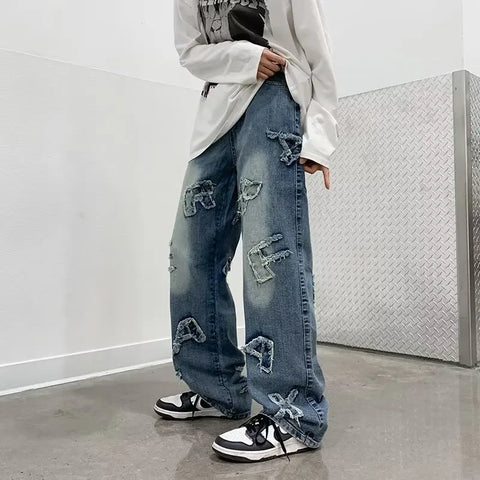 Jeans for Men Patchwork Letter Hip Hop Straight Wide Leg Fashion High Street Y2k Harajuku Do-old Popular Shopper Gradient Baggy