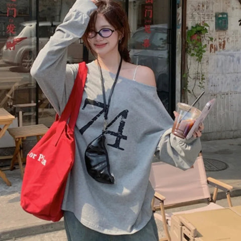 T-Shirts Women Off-shoulder Loose Fit Lazy Style All-match Young Students High Street Korean Fashion Spring Daily Tops Trendy