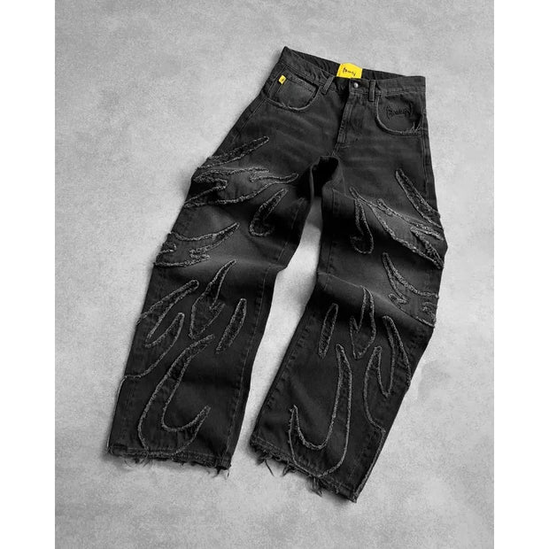 Y2K High Quality Vintage Jeans American Fashion Harajuku Flame Embroidery High Waist Wide Leg Jeans Men Women Hip Hop Streetwear