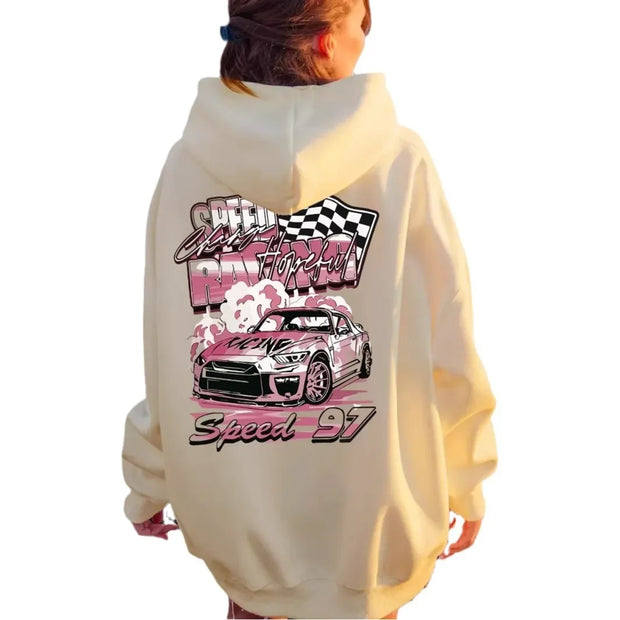 Ladies Casual Letter Racing Car Double-Sided Print Hoodie Sweatshirt Comfortable Streetwear Style Zipper Pocket on Chest