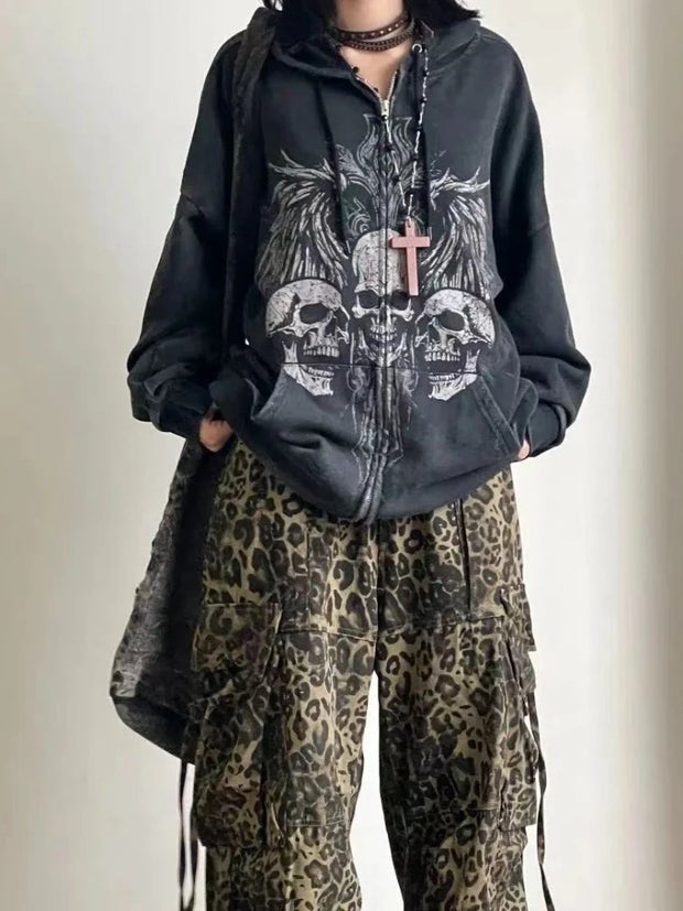 American Retro Print Punk Blouse Long Sleeves Y2k Top Women Hip Hop Zipper T-shirt Hooded Sweatshirt Spring European Fashion