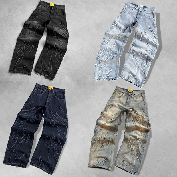 Y2K High Quality Vintage Jeans American Fashion Harajuku Flame Embroidery High Waist Wide Leg Jeans Men Women Hip Hop Streetwear