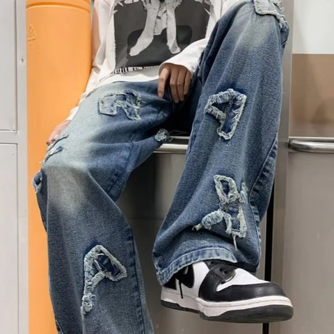 Jeans for Men Patchwork Letter Hip Hop Straight Wide Leg Fashion High Street Y2k Harajuku Do-old Popular Shopper Gradient Baggy