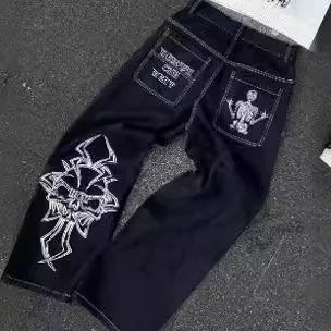Y2K  Jeans New Harajuku Hip Hop Retro Skull Graphic Embroidered Baggy Jeans Denim Pants Men Women Goth High Waist Wide Trousers