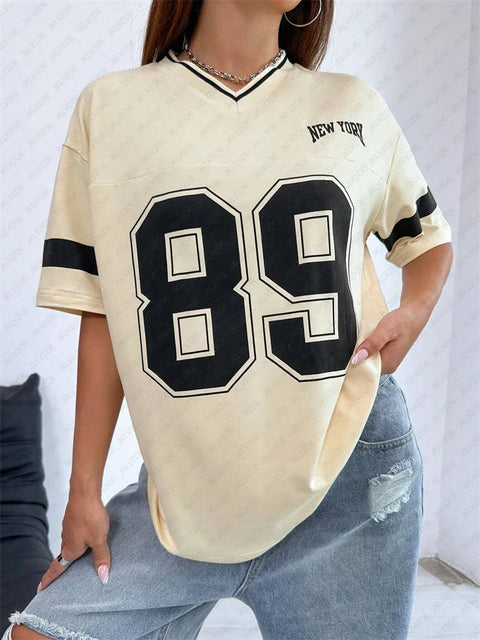 New York Number 89 TShirt For Men Women Striped V-Neck Tee Summer Oversized Harajuku Trend Short Sleeve Streetwear Tops Unisex