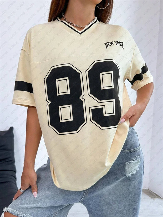 New York Number 89 TShirt For Men Women Striped V-Neck Tee Summer Oversized Harajuku Trend Short Sleeve Streetwear Tops Unisex