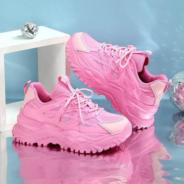 Clunky Sneaker Trend Thick Sole Mesh Surface Breathable Casual Sports Single Shoes Lace-up All Outdoor Fashion Shoes Women