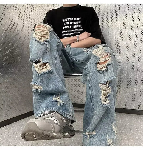 Vintage Distressed Straight-leg Jeans American Style Slimming Bell Bottoms Loose Fit High-waisted Summer Thin Version For Men