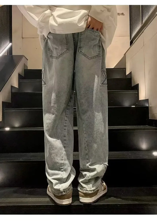 American High Street Style Men's Jeans Autumn Winter Straight Leg Loose Floor-Length Wide Leg Pants Casual Fashion