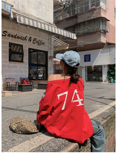 T-Shirts Women Off-shoulder Loose Fit Lazy Style All-match Young Students High Street Korean Fashion Spring Daily Tops Trendy