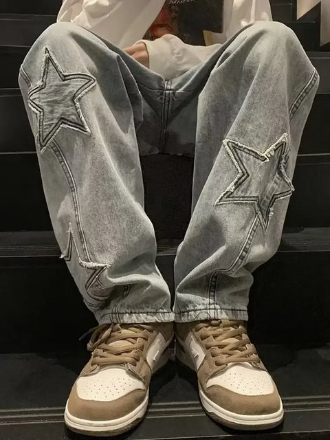 American High Street Style Men's Jeans Autumn Winter Straight Leg Loose Floor-Length Wide Leg Pants Casual Fashion