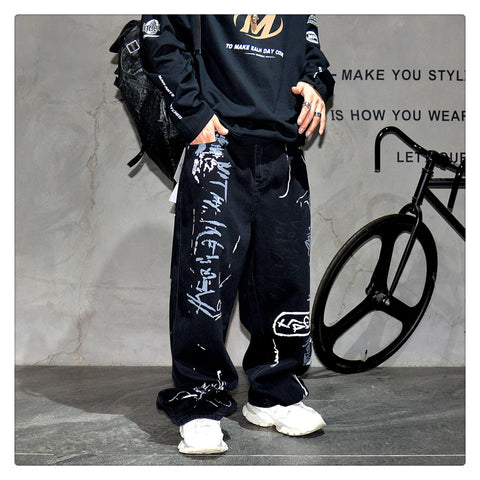 American Hip Hop Baggy Jeans Mens Clothing Streetwear Paint Graffiti Black Skateboard Street Dance Pants Kpop Denim Trousers