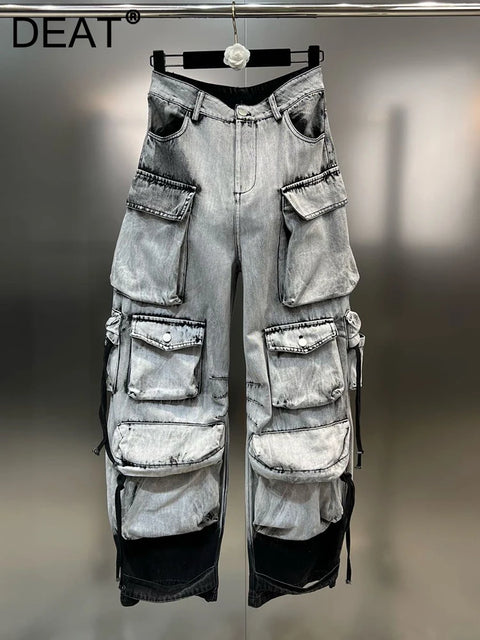 DEAT Fashion Gradient Multiple Pockets Design Jeans Women's Single Button High Waist Denim Pants 2025 Spring Female New 11XX4925