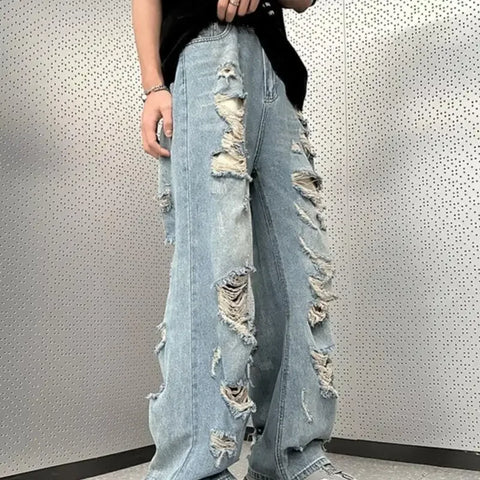 Vintage Distressed Straight-leg Jeans American Style Slimming Bell Bottoms Loose Fit High-waisted Summer Thin Version For Men