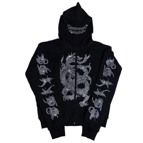 Y2K Rhinestone Cobweb Zip Up Oversized Sweatshirt 2022 Autumn Goth Hoodie Men Women Grunge Hooded Jacket Streetwear Y2K Clothing