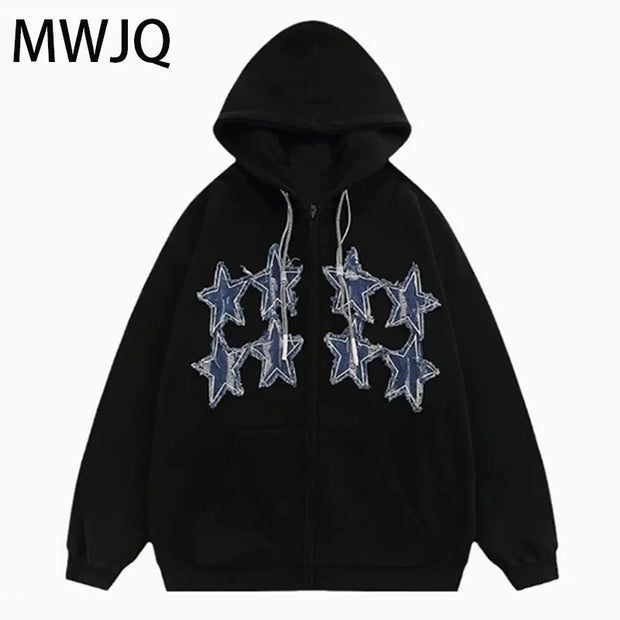 MWJQ American Retro Patch Embroidery Male Hooded Sweatershirt High Street Zipper Oversize Trend Black Casual Men's Tops 010204