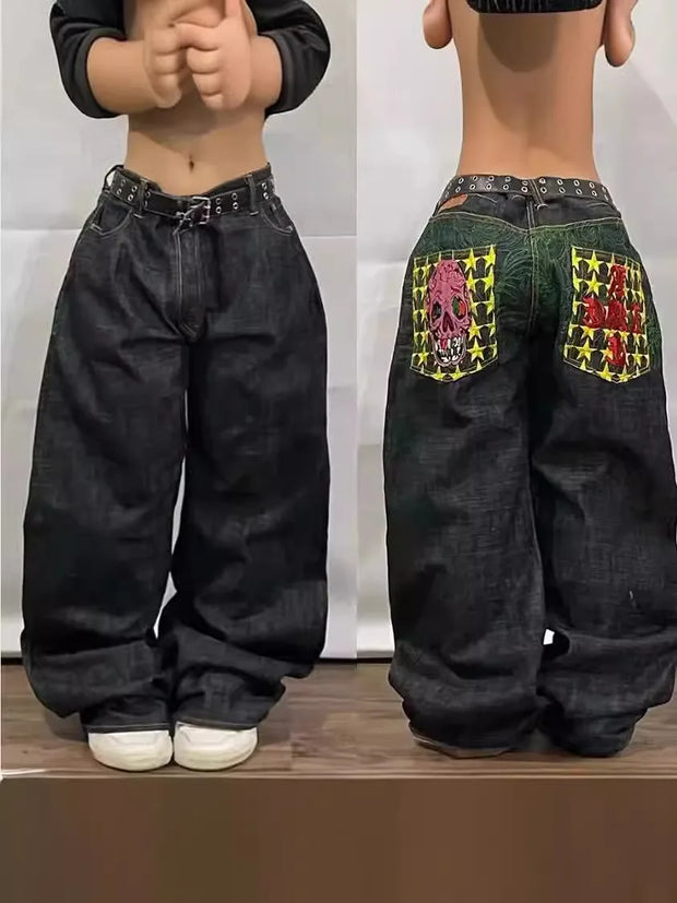 Y2K  Jeans New Harajuku Hip Hop Retro Skull Graphic Embroidered Baggy Jeans Denim Pants Men Women Goth High Waist Wide Trousers