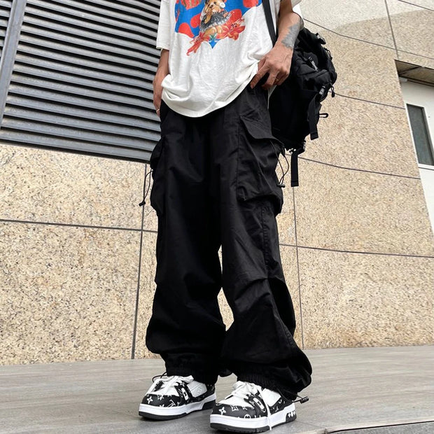 Elastic Waist Big Pocket Cargo Pants Men Streetwear Spring Autumn Wide Leg Joggers Solid Color Oversize Baggy Pants Women