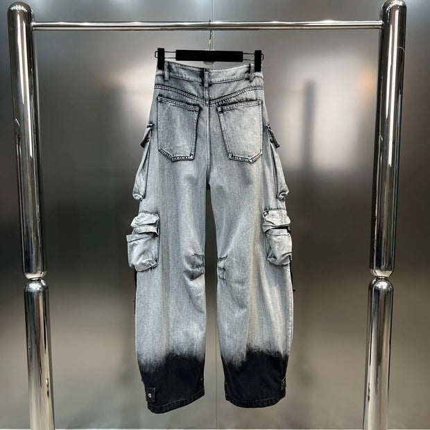 DEAT Fashion Gradient Multiple Pockets Design Jeans Women's Single Button High Waist Denim Pants 2025 Spring Female New 11XX4925