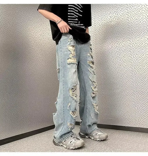 Vintage Distressed Straight-leg Jeans American Style Slimming Bell Bottoms Loose Fit High-waisted Summer Thin Version For Men