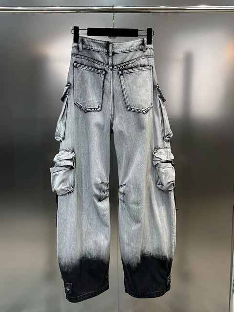 DEAT Fashion Gradient Multiple Pockets Design Jeans Women's Single Button High Waist Denim Pants 2025 Spring Female New 11XX4925
