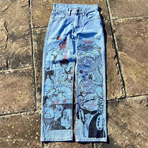 Harajuku Anime Graphic wide leg jeans High Waist Jeans Pants Women new Japanese Style Streetwear Y2K Jeans for Men Wide Trouser