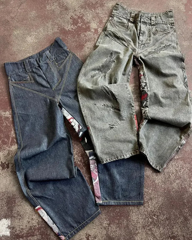 Hip Hop Rock Embroidery New Y2k Jeans Pattern Printed Loose Trousers for Men and Women Retro Harajuku Goth Ripped Wide Leg Pants