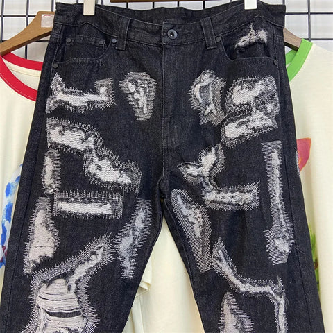 Letter Embroidery Jeans for Men High Street Gothic Style Streetwear Men Straight Baggy Causal Denim Trousers Unisex Spring