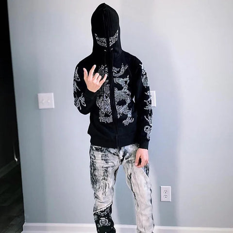 Y2K Rhinestone Cobweb Zip Up Oversized Sweatshirt 2022 Autumn Goth Hoodie Men Women Grunge Hooded Jacket Streetwear Y2K Clothing