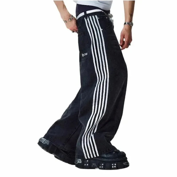 American Harajuku Style Baggy Jeans Y2K Streetwear Striped Denim Pant Men Women Casual Wide Leg Trousers Trendy High Street Pant