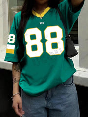 Oversized T-shirt For Women V-Neck Short Sleeve 2025 Summer Black 88 Print Streetwear Sports Tees Casual Football Jersey Y2k Top