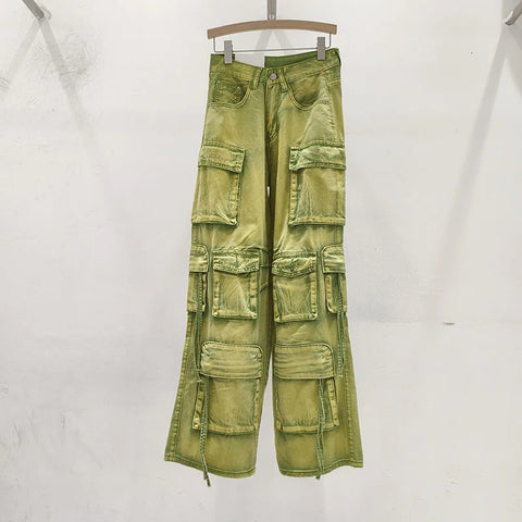 Pink Multi Pocket Overalls Jeans Female Y2K Punk Hip Hop Gothic Loose Fashion Jeans 2024 Autumn New American Retro High Street