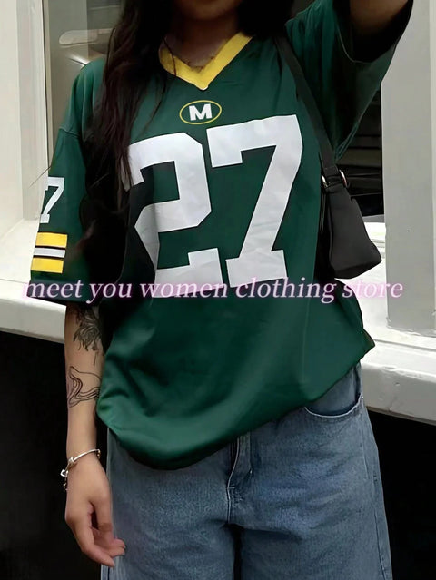 Number NO.27  Print Woman NO.36 T Shirt Girl Oversize Daily Top Female Creativity Streettshirt V-Neck T-Shirt Casual Clothes